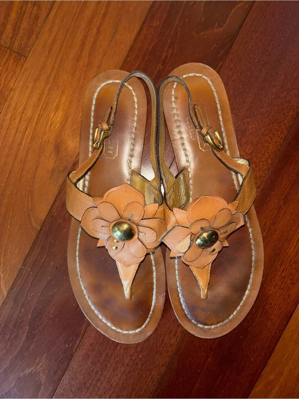 Coach Tan Leather Floral Thong Sandals with Gold-Tone Studs